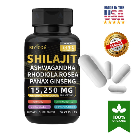 Mezcla Potente "BIYODE ORIGINAL" Shilajit 100% Puro+ Panax Ginseng + Ashwagandha  + Rhodiola Rosea + Cúrcuma + Ginkgo Biloba + Ortiga Picante + Hongo Cordyceps(60 capsulas)