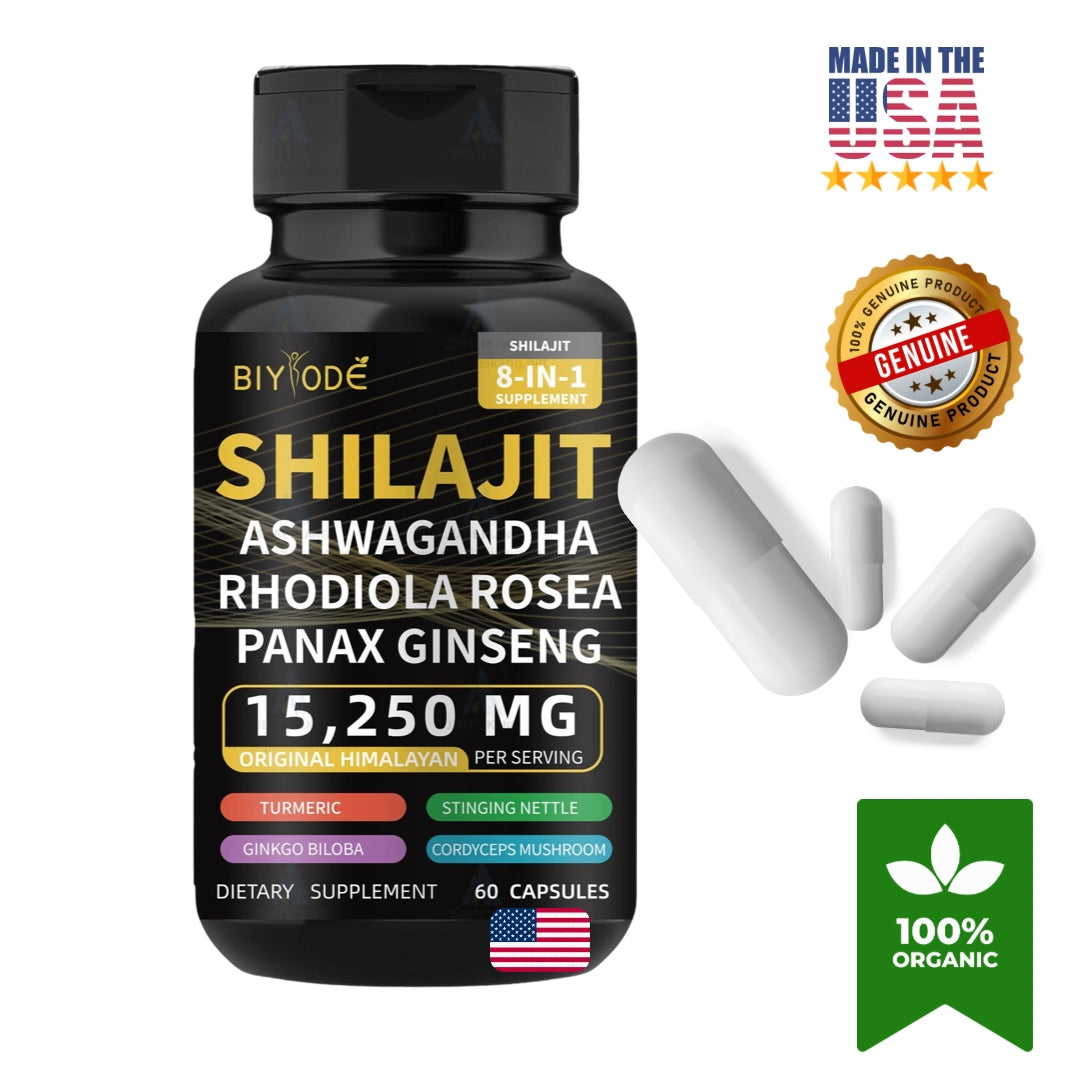 Mezcla Potente "BIYODE ORIGINAL" Shilajit 100% Puro+ Panax Ginseng + Ashwagandha  + Rhodiola Rosea + Cúrcuma + Ginkgo Biloba + Ortiga Picante + Hongo Cordyceps(60 capsulas)