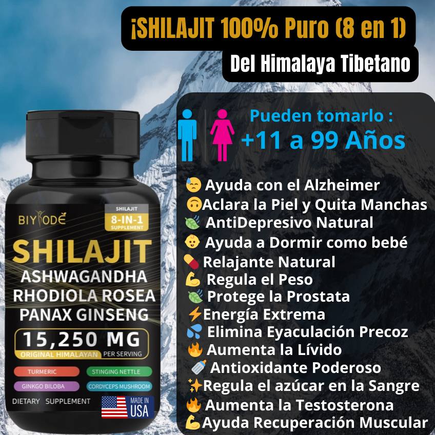 Mezcla Potente "BIYODE ORIGINAL" Shilajit 100% Puro+ Panax Ginseng + Ashwagandha  + Rhodiola Rosea + Cúrcuma + Ginkgo Biloba + Ortiga Picante + Hongo Cordyceps(60 capsulas)